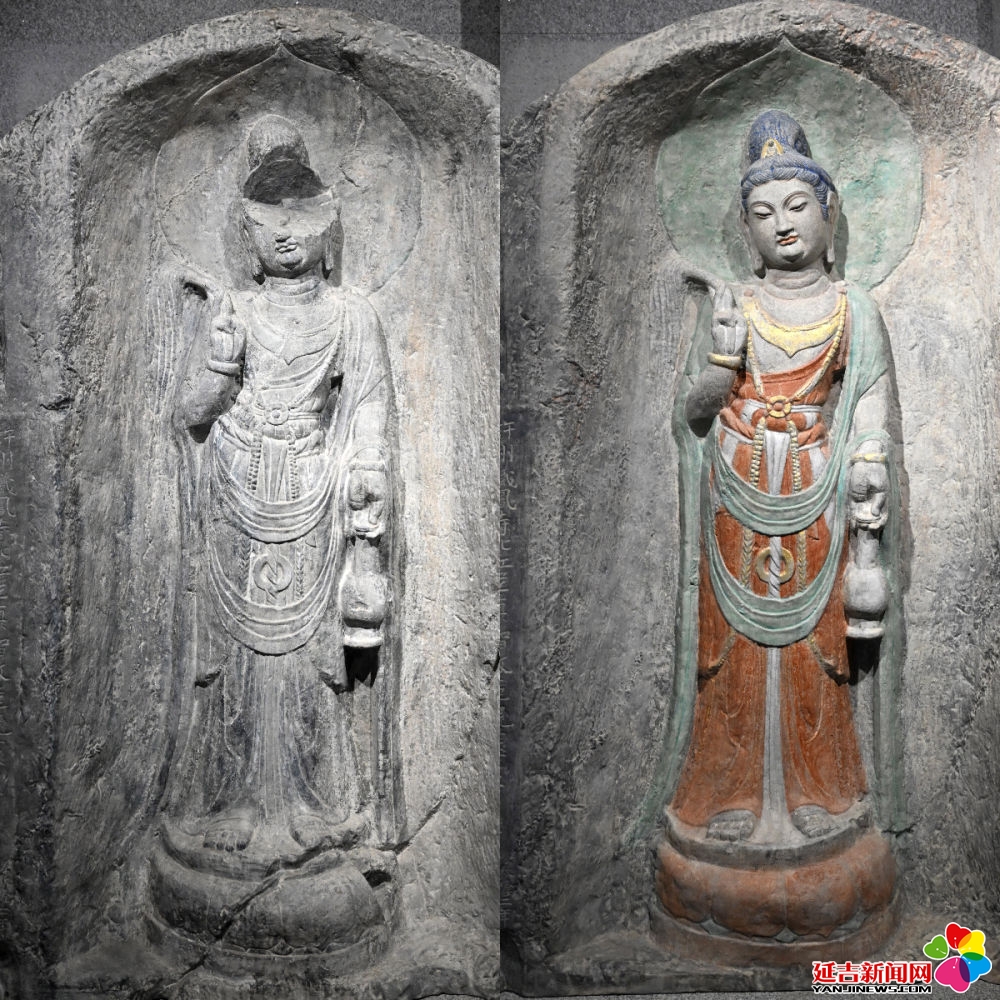 左图为龙门石窟万佛洞窟前南壁菩萨造像的3D打印模型；右图为利用数字化技术复原后的3D打印模型（2025年4月10日摄，拼版照片）。复原后的像龛精妙绝伦，栩栩如生，被游客誉为“龙门最美菩萨”。图片来源新华社